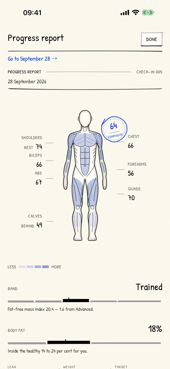 A progress report: the figure shaded by development, the scores for each part, the band and body fat.