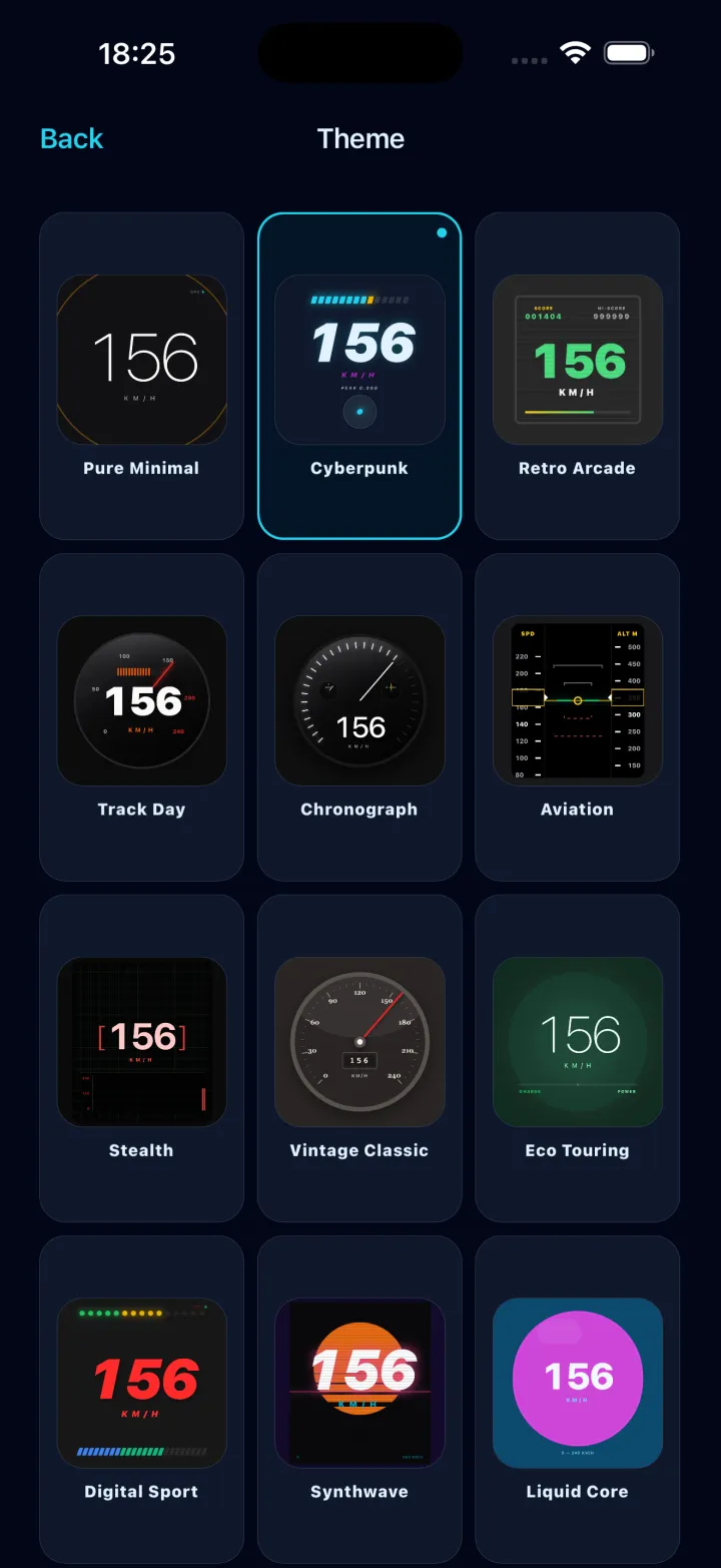 The theme picker, a grid of dial faces including Pure Minimal, Cyberpunk, Retro Arcade, Track Day, Chronograph, Aviation, Stealth, Vintage Classic, Eco Touring, Digital Sport, Synthwave and Liquid Core.
